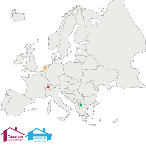 huizenprijzen Europa. Zwitserland rood (duurste), Noord-Macedonië groen (goedkoopste), Nederland geel (middenmoot)