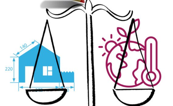 Weegschaal met ene kant tekening nieuwbouw andere kant symbool klimaat met daarbij potlood van verkiezingen